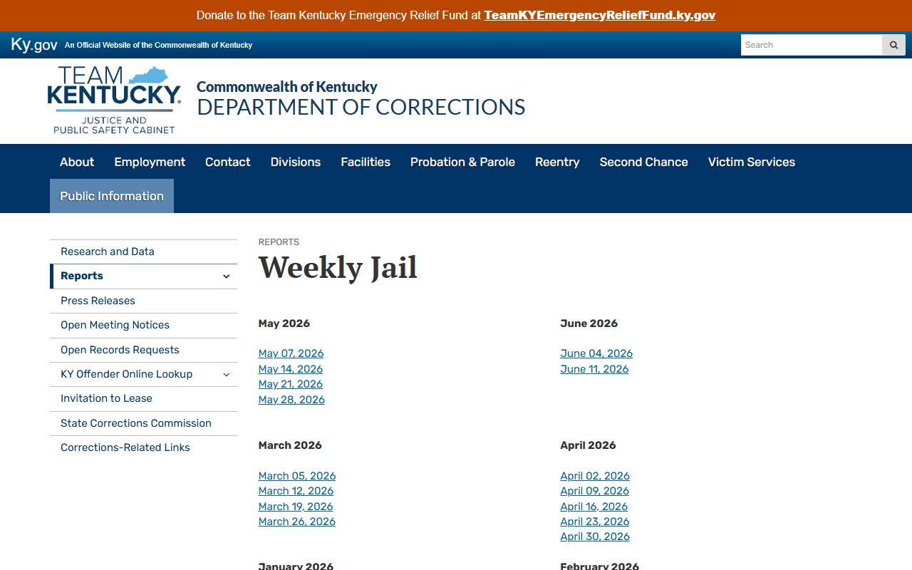 Adair County inmate population Kentucky DOC weekly jail report archive